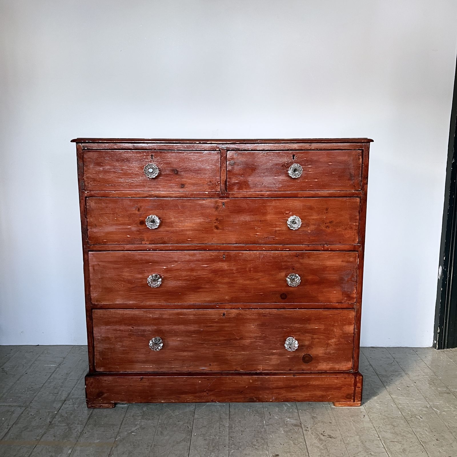 Stained Victorian Pine Chest Of Drawers With Glass Handles