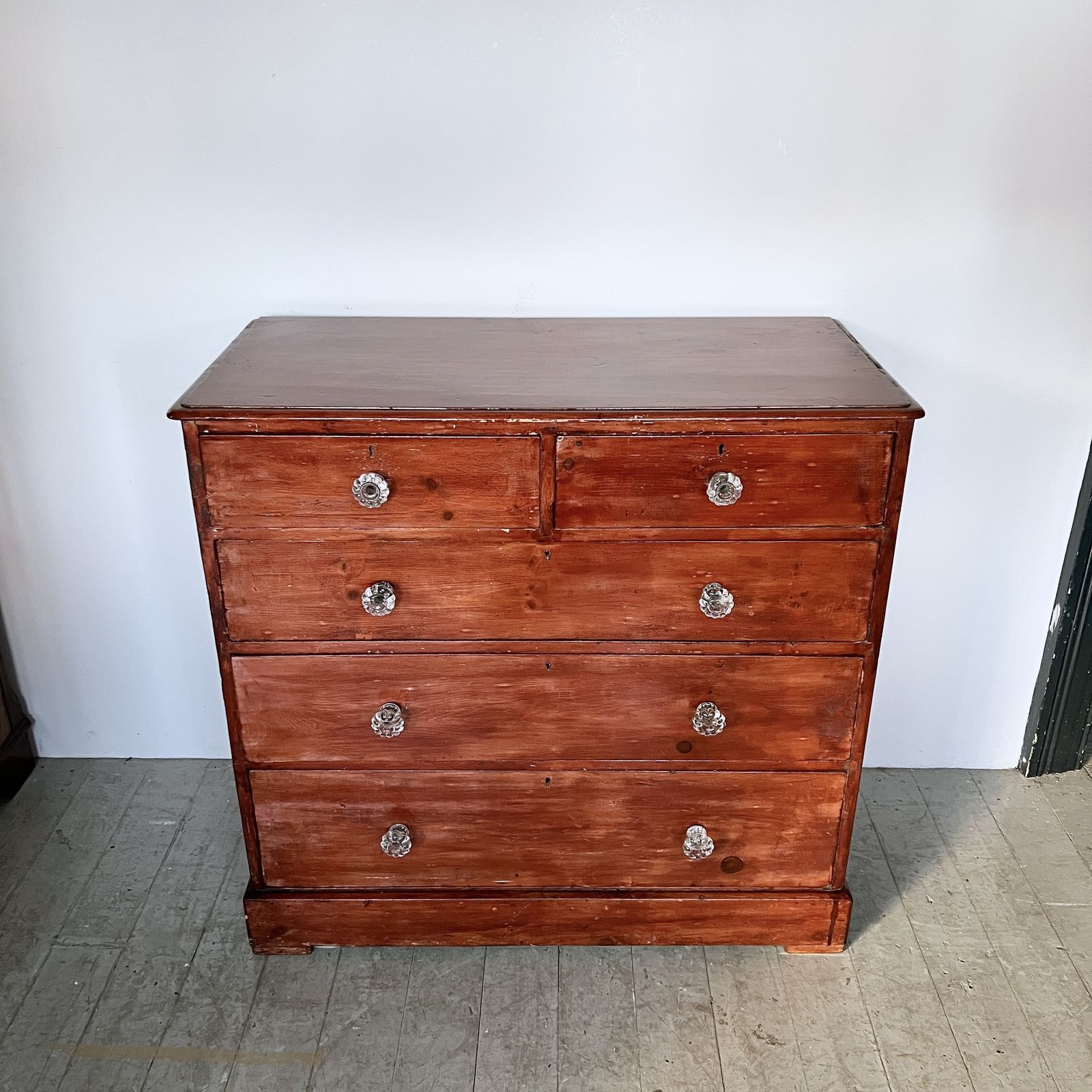 Stained Victorian Pine Chest Of Drawers With Glass Handles photo furniture