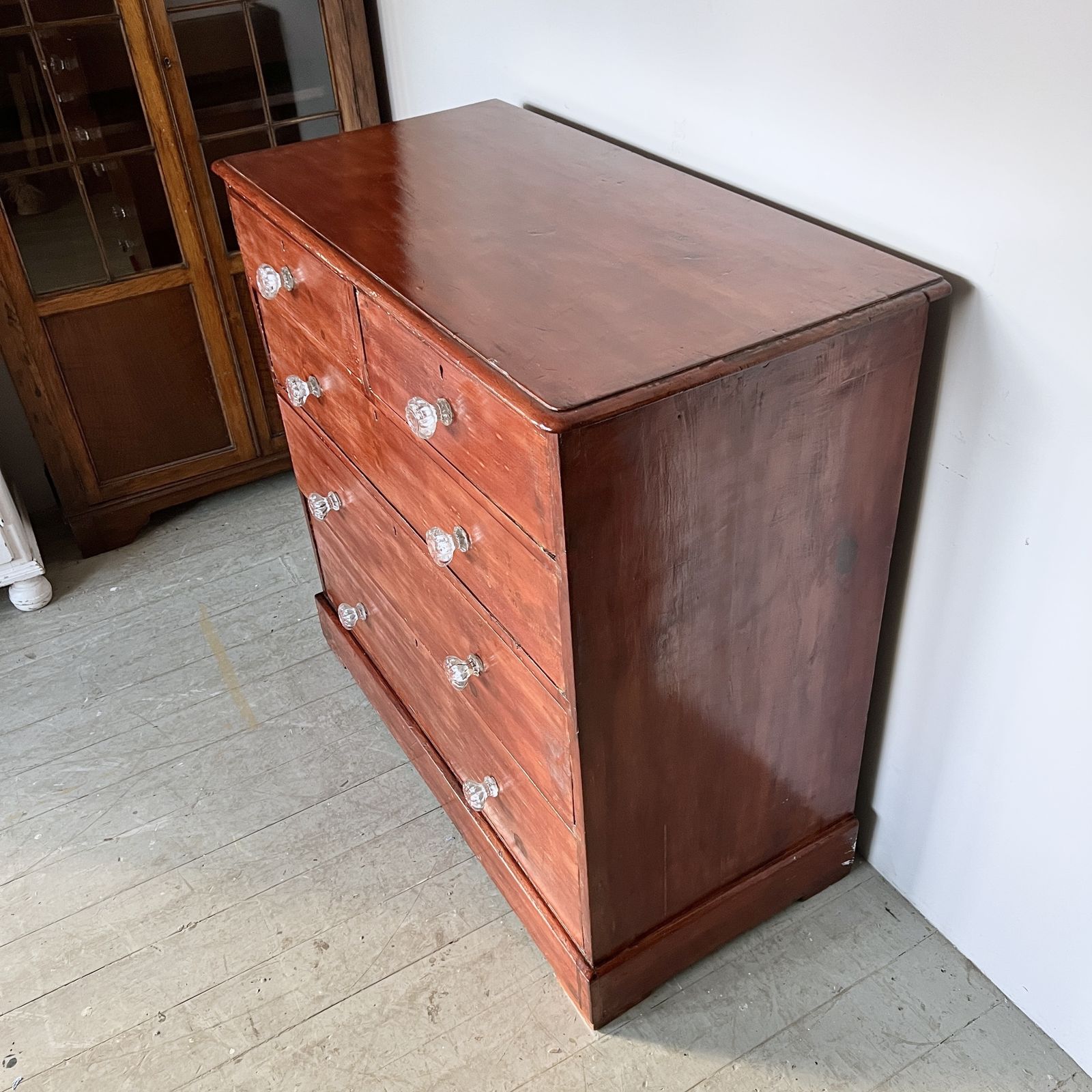 Stained Victorian Pine Chest Of Drawers With Glass Handles photo for sale