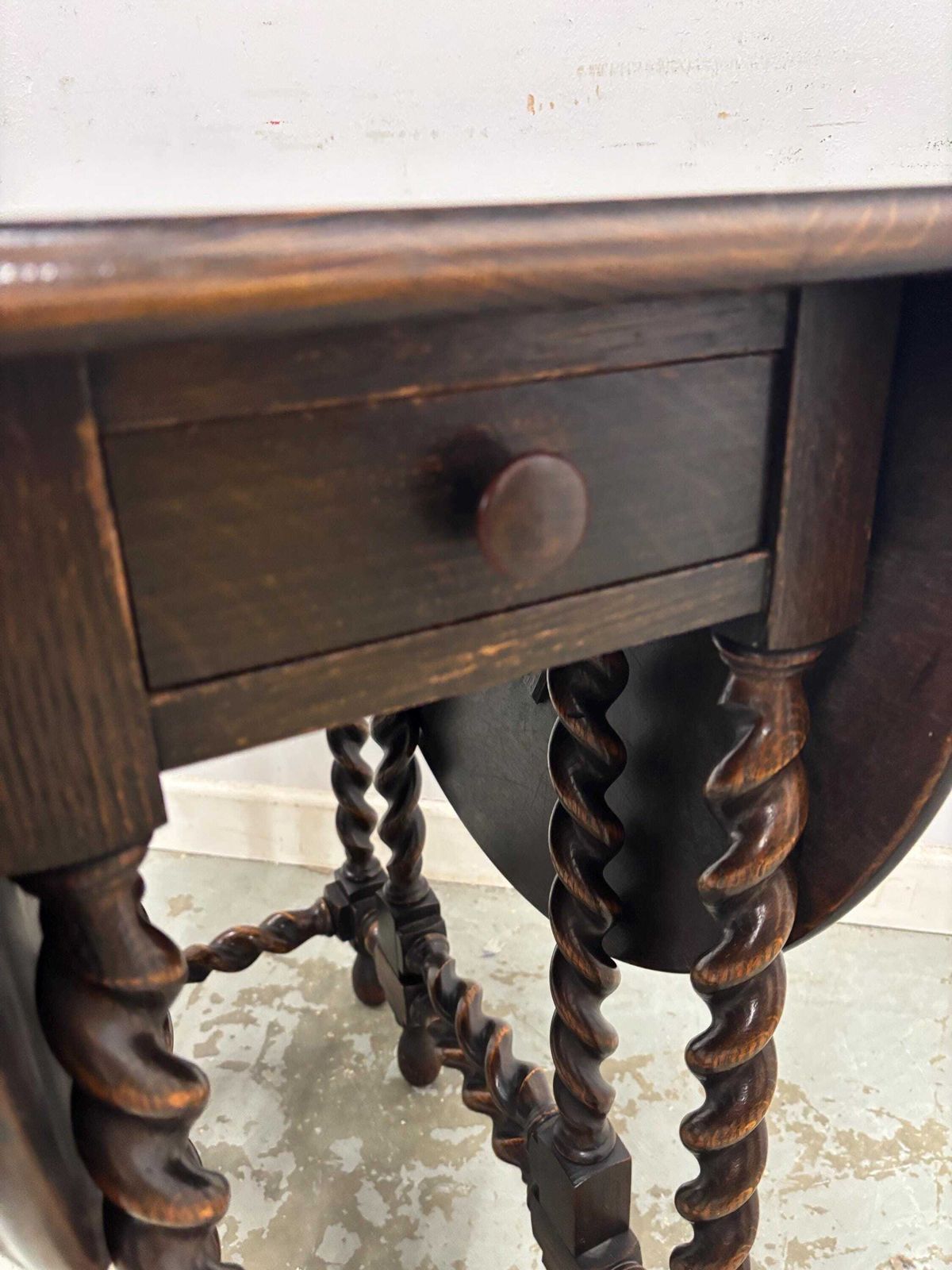 Vintage Oak Drop Leaf Table Barley Twist Legs Gateleg Style End Table photo for sale