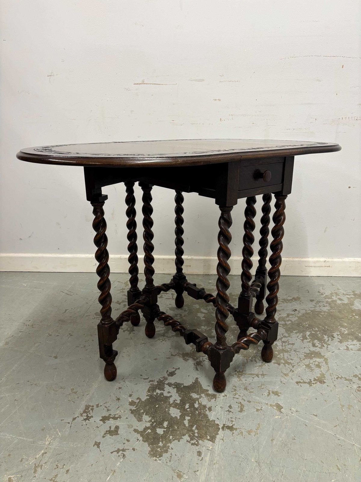 Furniture Vintage Oak Drop Leaf Table Barley Twist Legs Gateleg Style End Table photo