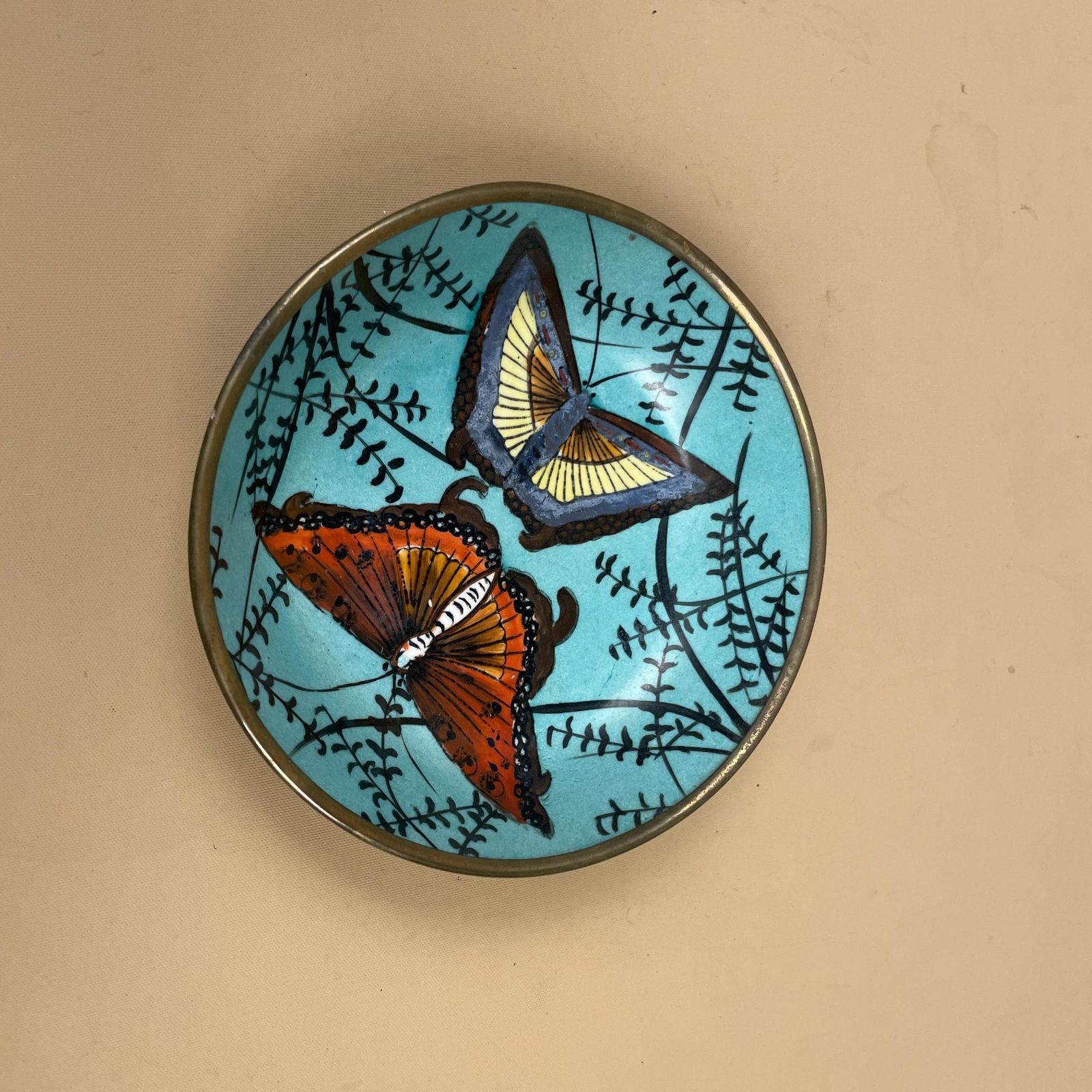 Butterfly Ceramic Bowl Hand Painted With Brass Back Vintage Wall Dish Display Mid Century Oriental Style Art Piece Blue Turquoise Round photo Home Decor