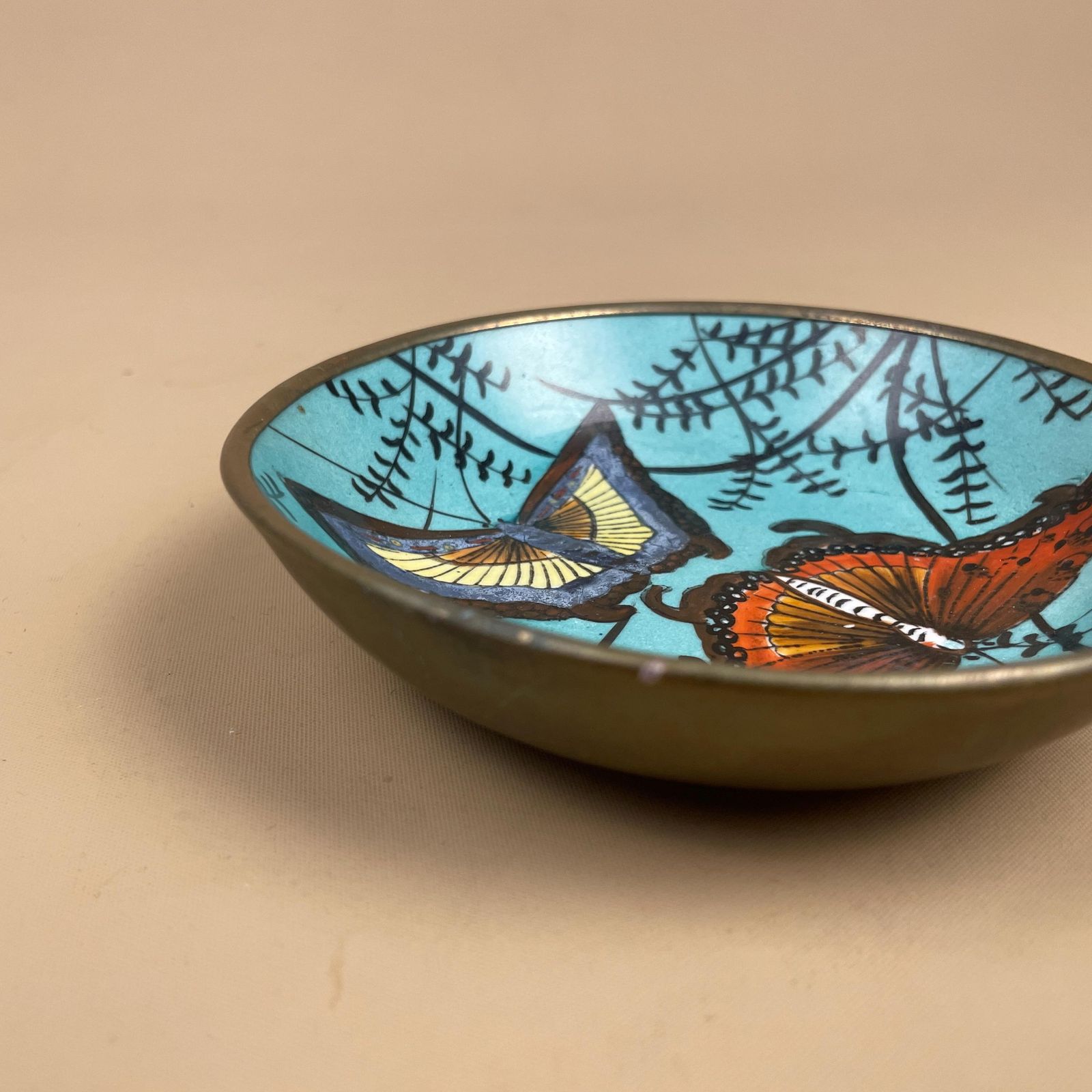 Butterfly Ceramic Bowl Hand Painted With Brass Back Vintage Wall Dish Display Mid Century Oriental Style Art Piece Blue Turquoise Round photo buy