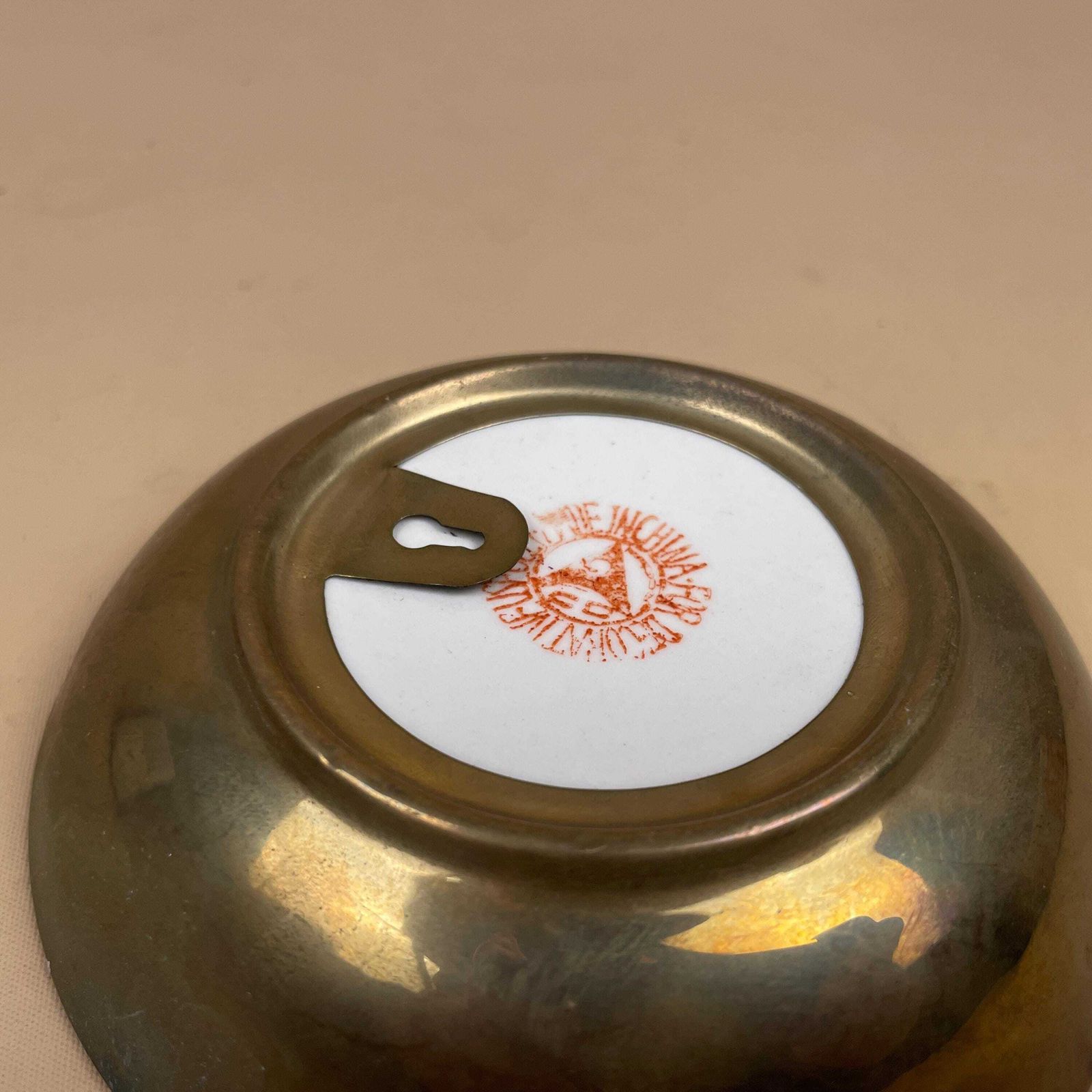 photo furniture Butterfly Ceramic Bowl Hand Painted With Brass Back Vintage Wall Dish Display Mid Century Oriental Style Art Piece Blue Turquoise Round