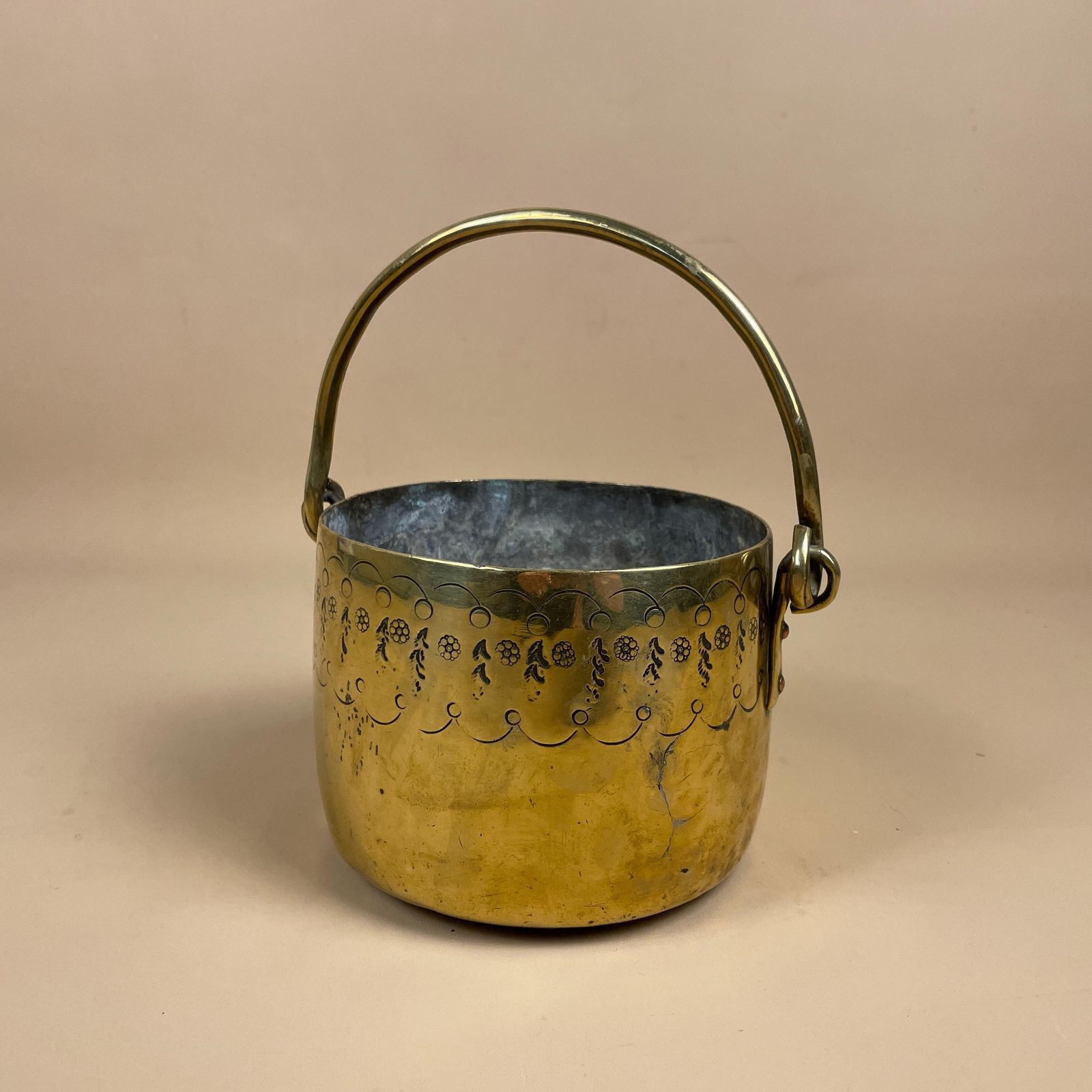 Indian Brass Metal Bucket Handled Engraved Floral Rim Decorative Pail Bowl Arts Crafts Gold Metal Home Decor Indoor Planter Plant Pot photo for sale
