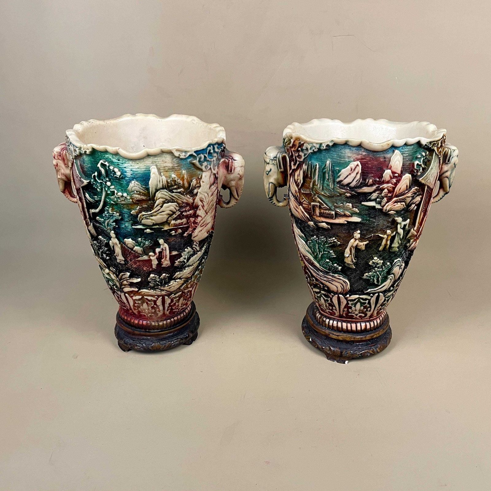 photo for sale Vintage Oriental Resin Vases Chinese Figurines Elephant Carved Asian Decor Pots Flower Display Green Red Home Decor Display Ornaments