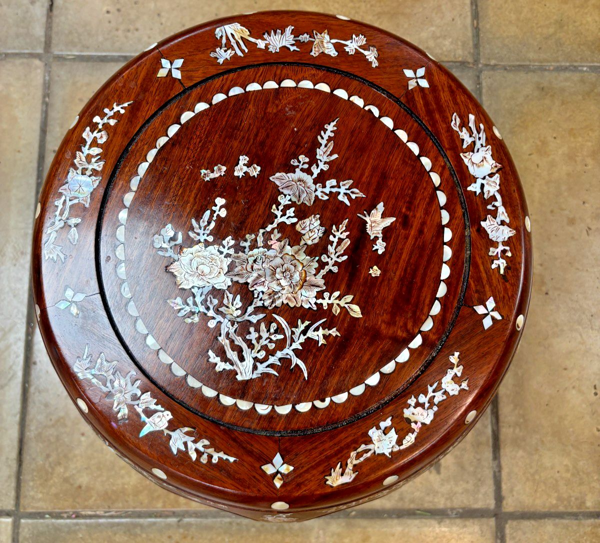 Antique Chinese Rosewood & Mother Of Pearl Drum Stool photo Furniture