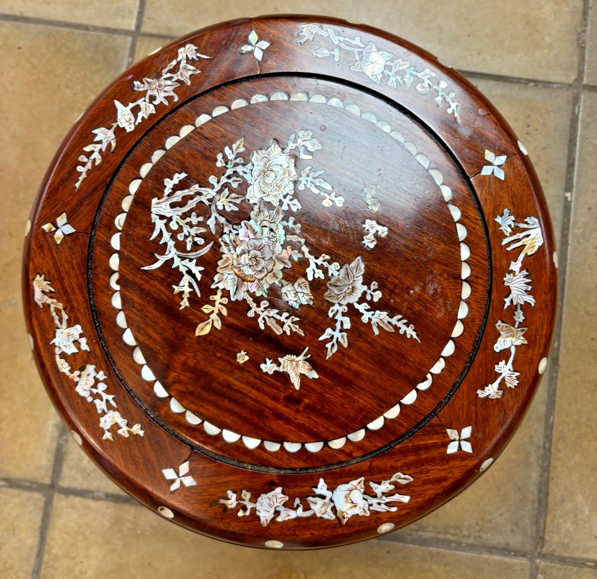 245.0 Antique Chinese Rosewood & Mother Of Pearl Drum Stool photo