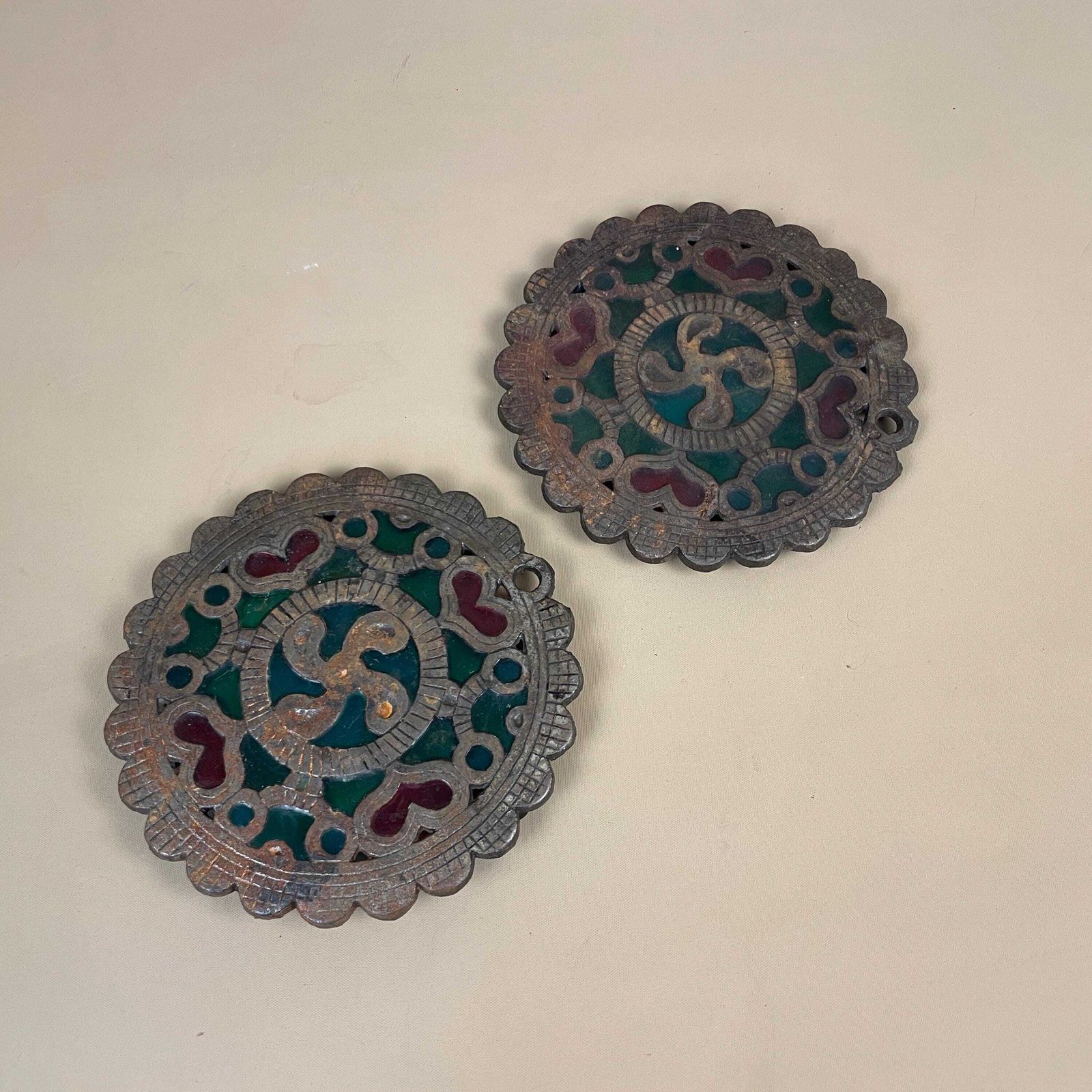 Metal Glass Trivet Pair Moroccan Style Coasters Plant Stand Heat Or Candle Mat Placemat Decorative Boho Table Decor Vintage Rustic