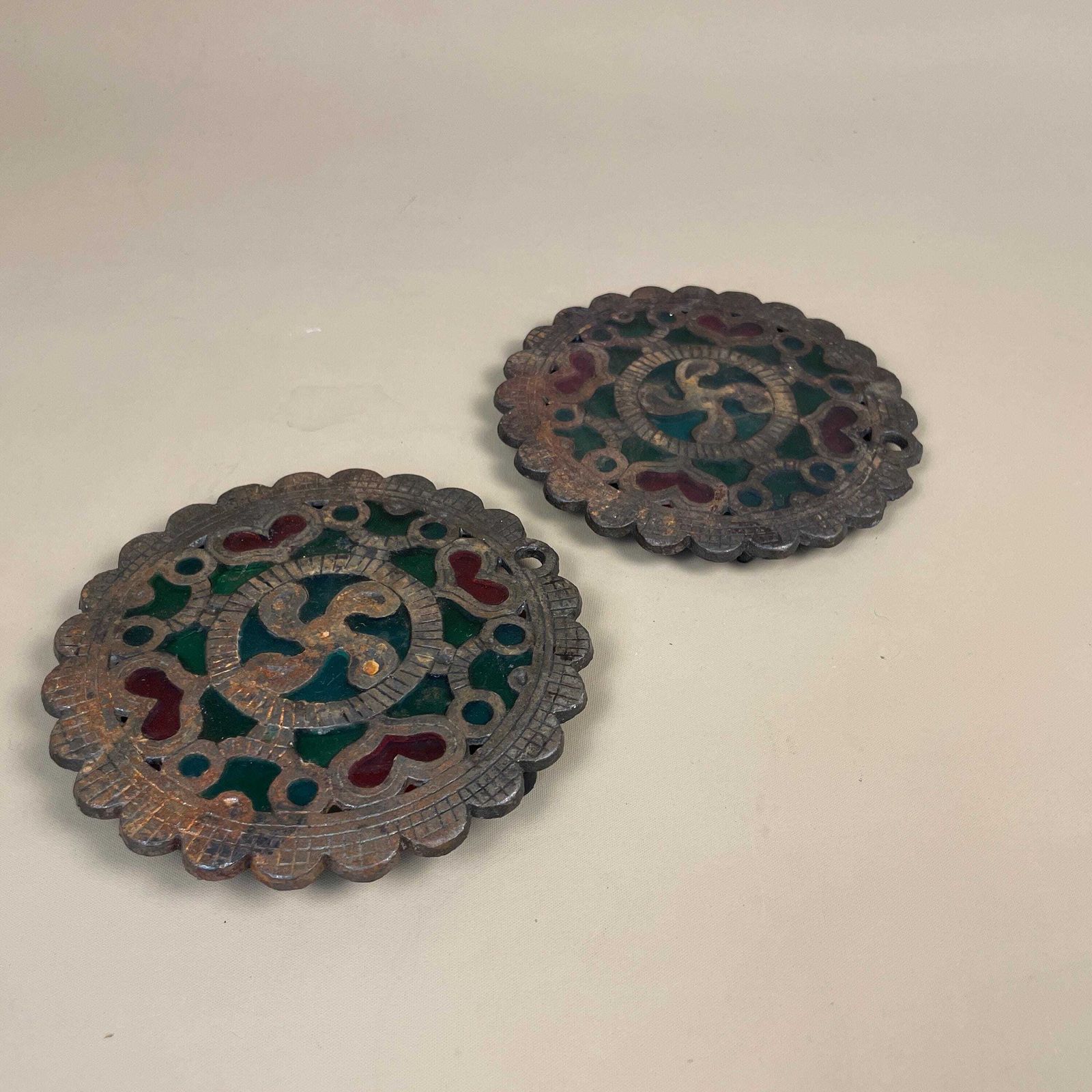 Metal Glass Trivet Pair Moroccan Style Coasters Plant Stand Heat Or Candle Mat Placemat Decorative Boho Table Decor Vintage Rustic photo furniture