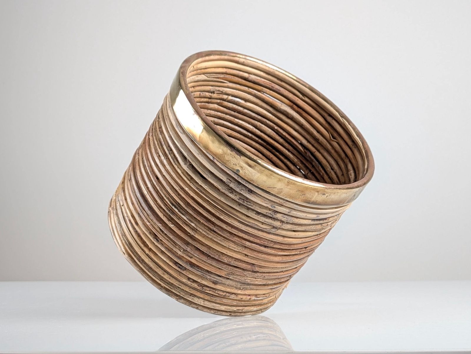 Mid Century Italian Planter In "Pencil Reed" Rattan And Brass, 1970s