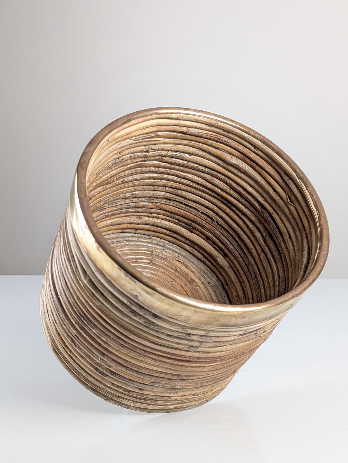 Mid Century Italian Planter In "Pencil Reed" Rattan And Brass, 1970s photo furniture