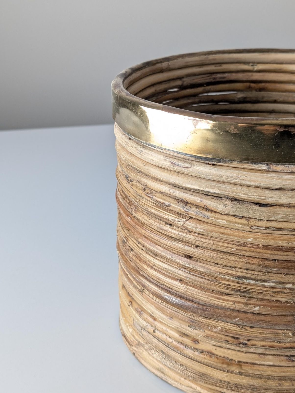 Mid Century Italian Planter In "Pencil Reed" Rattan And Brass, 1970s photo Home Decor