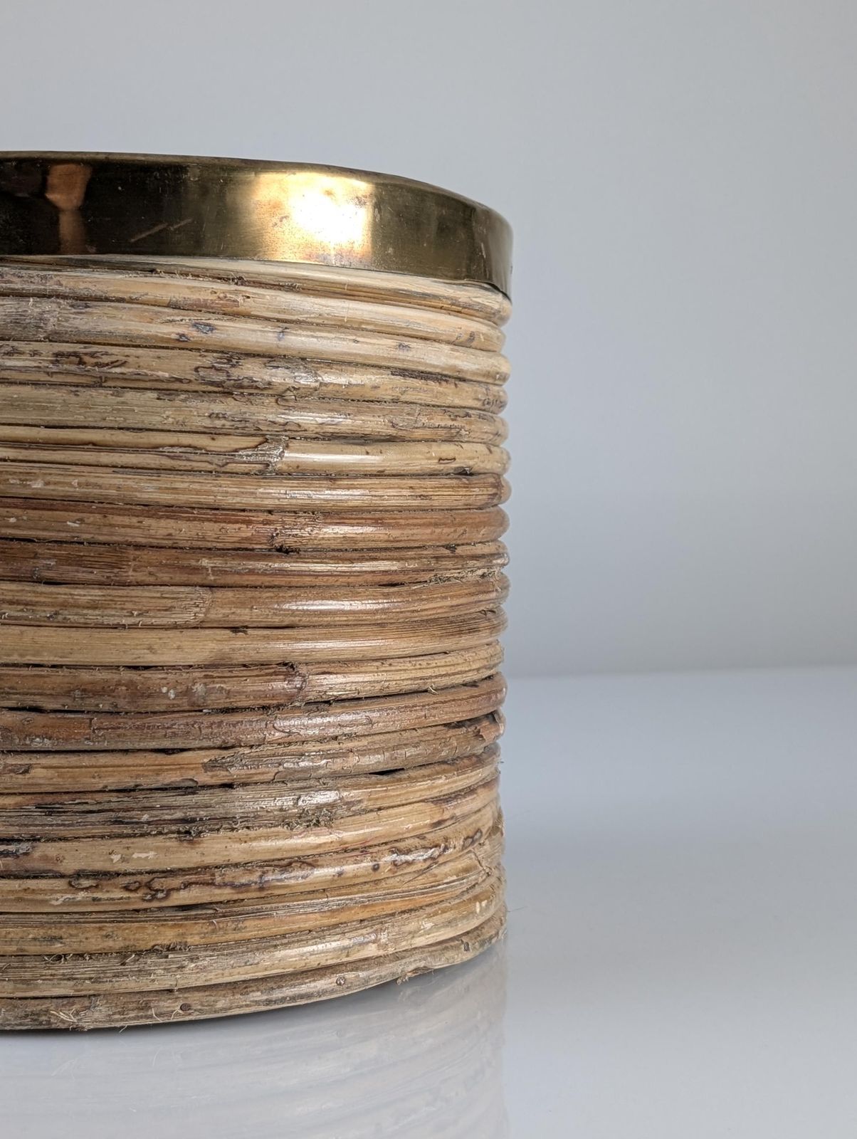 Mid Century Italian Planter In "Pencil Reed" Rattan And Brass, 1970s photo vinterior