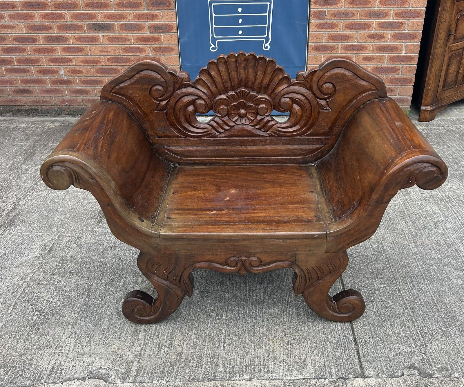 Vintage Solid Hardwood Balinese Carved Splay Arm Settle Hall Bench Seat photo furniture