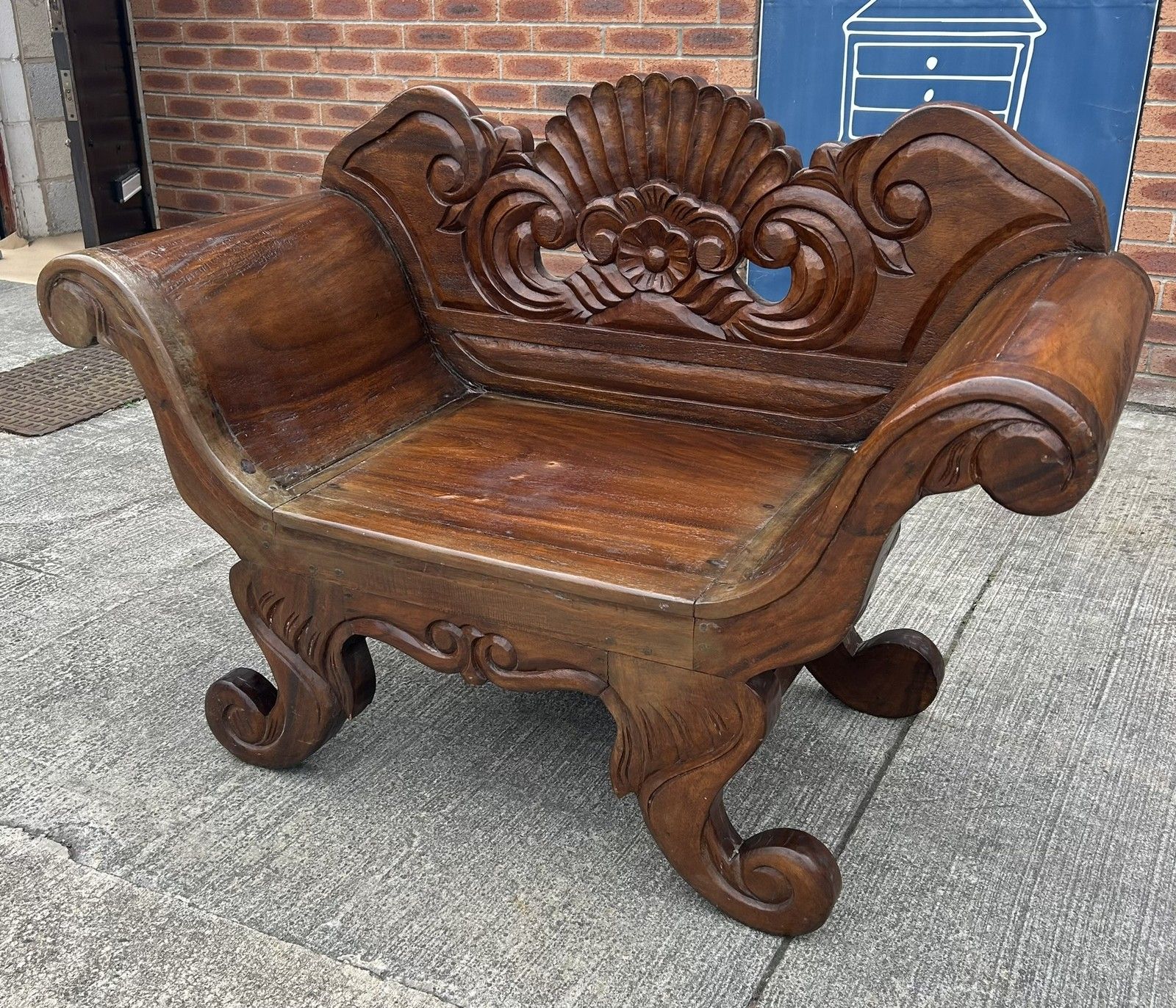 photo buy Vintage Solid Hardwood Balinese Carved Splay Arm Settle Hall Bench Seat