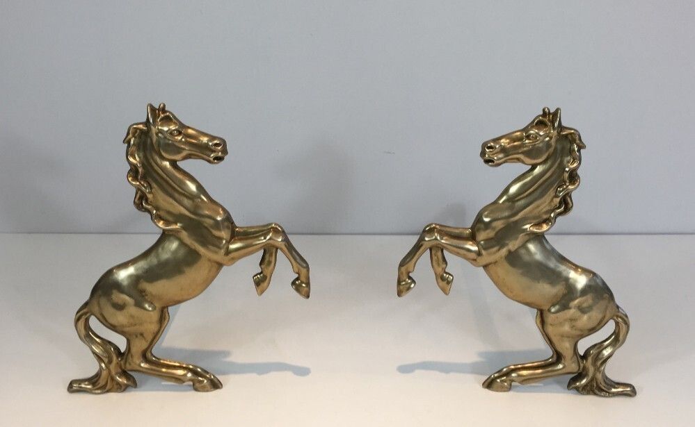 Pair Of Brass Horses Andirons. French. Circa 1970 photo Art