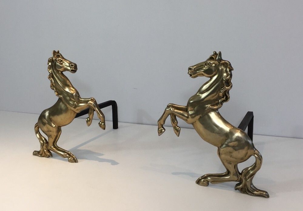 Pair Of Brass Horses Andirons. French. Circa 1970 photo 936.0