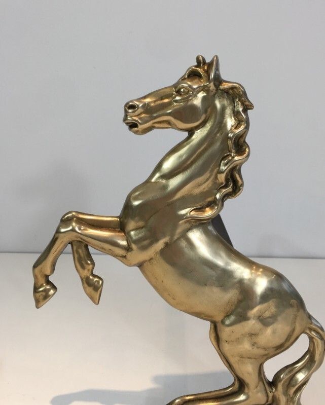 Pair Of Brass Horses Andirons. French. Circa 1970 photo buy