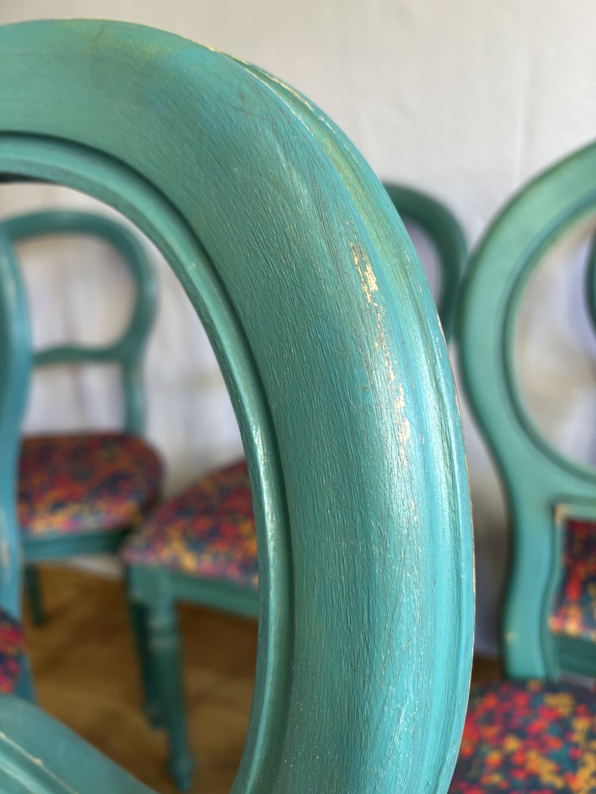 Set Of Six Hand Finished Dining Chairs In Farrow & Ball "Vardo" With Clarissa Hulse Velvet photo for sale
