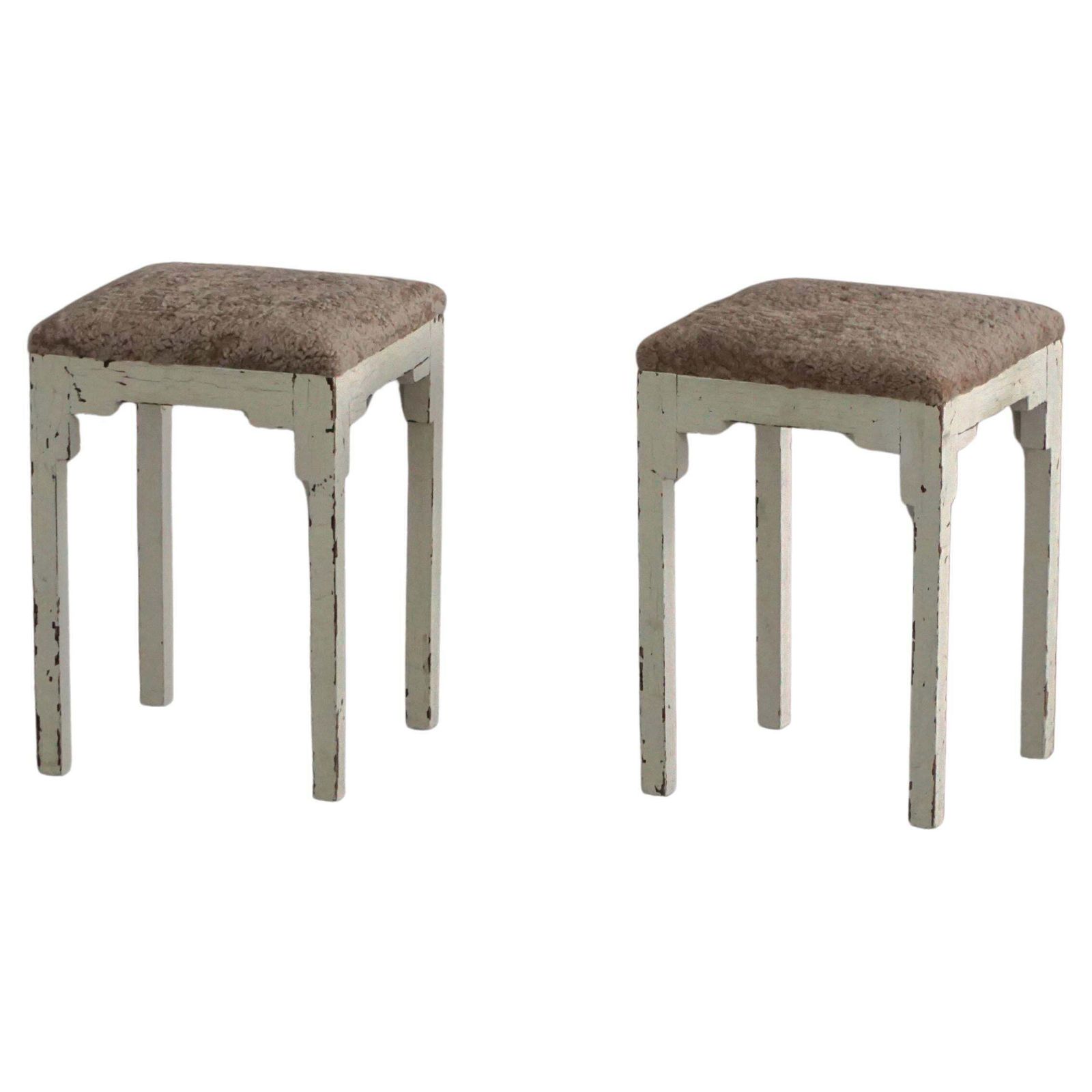 A Pair Of Antique Danish Stools, Lambswool Seats, Late 19th Century