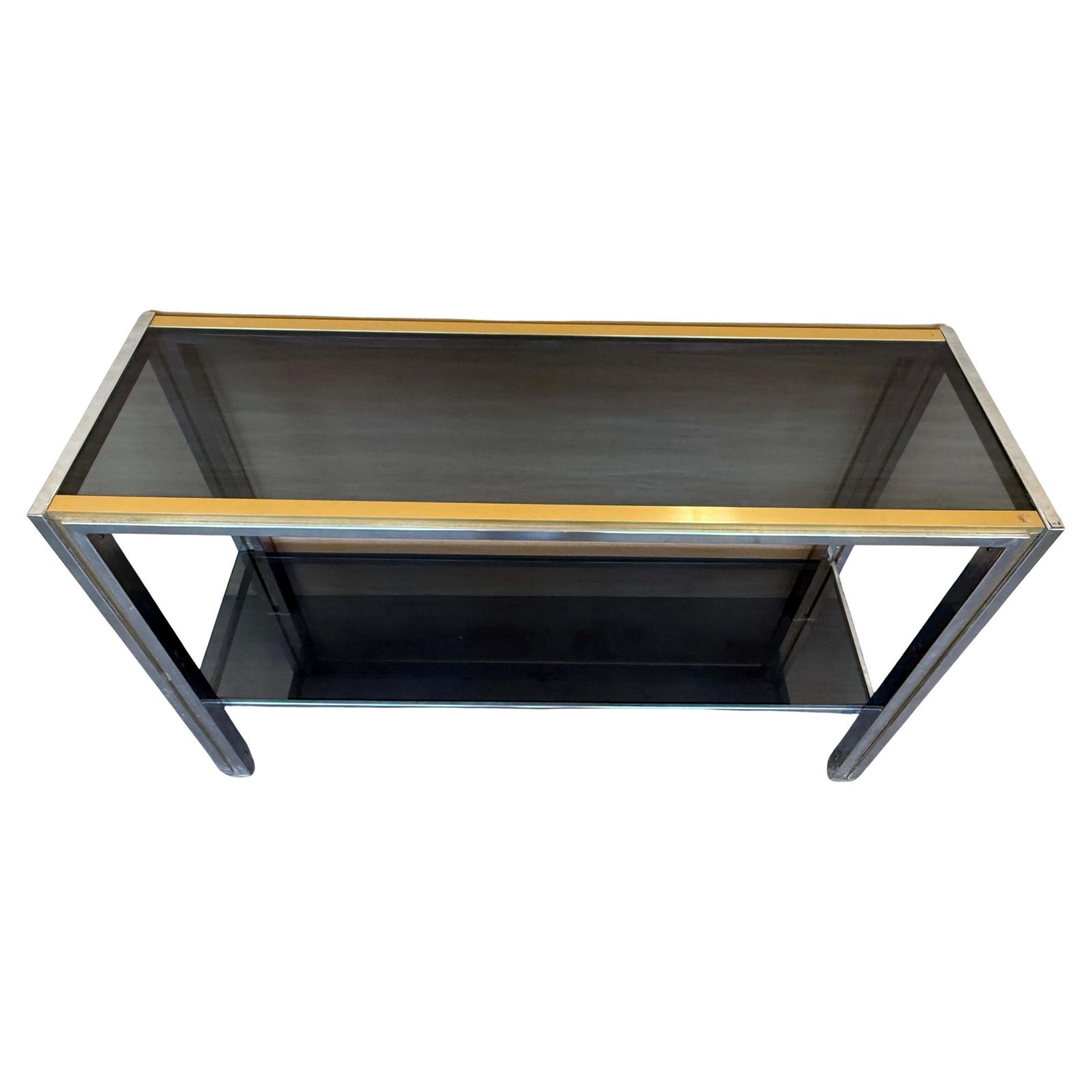 Console Romeo Rega rectangulaire à deux plateaux en métal doré laiton et argenté, design italien photo furniture