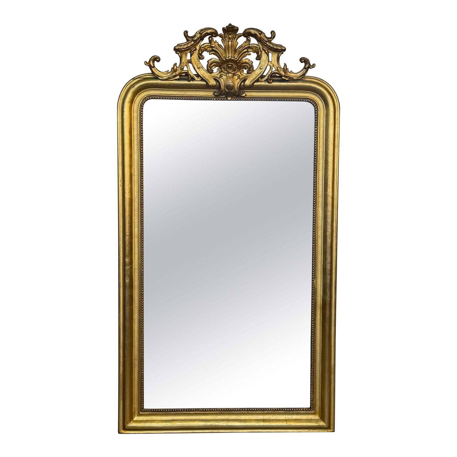 French 19th Century Large Vertical Gold Gilt Mirror With Floral Crest