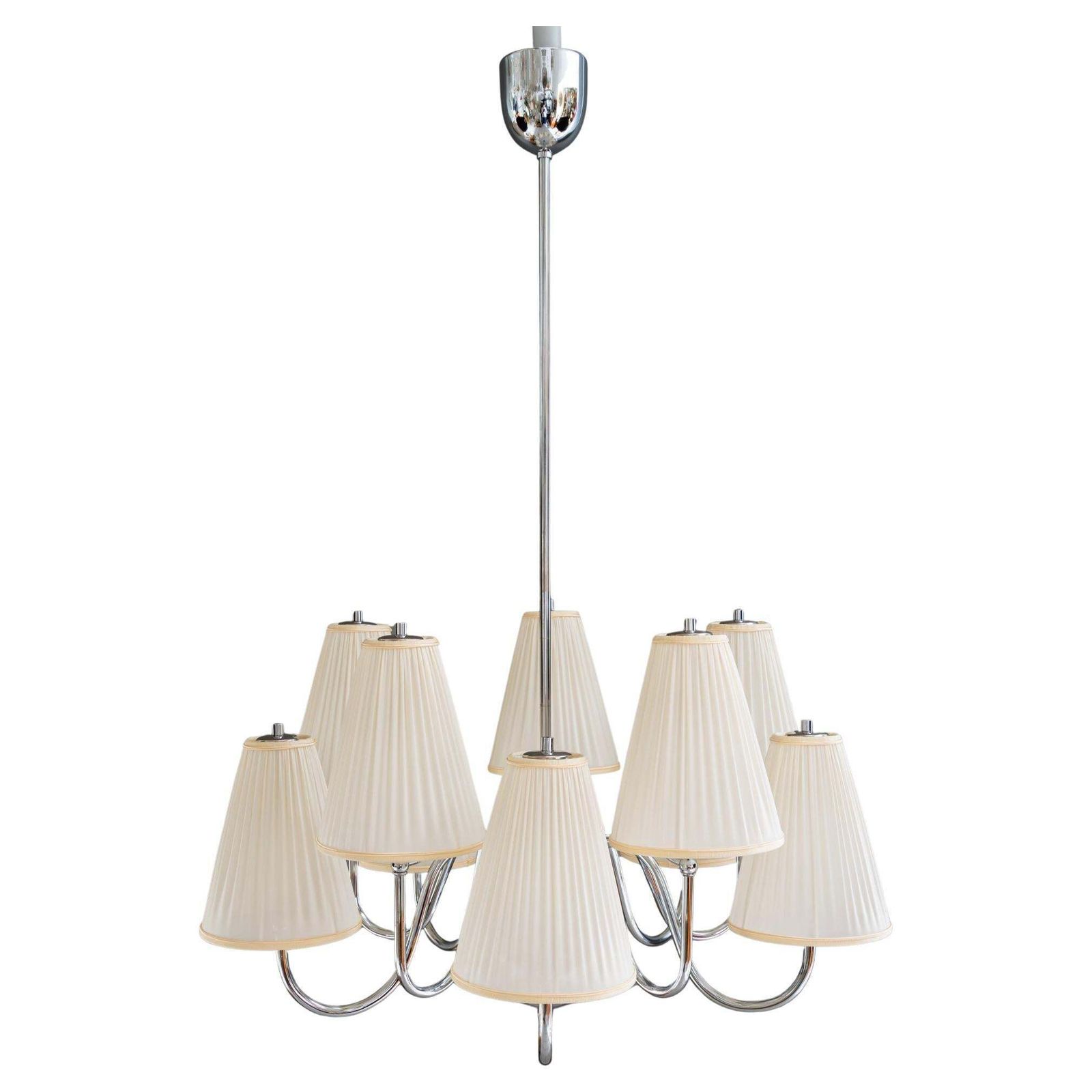 Big Art Deco Chrome Chandelier With Fabric Shades Around 1920