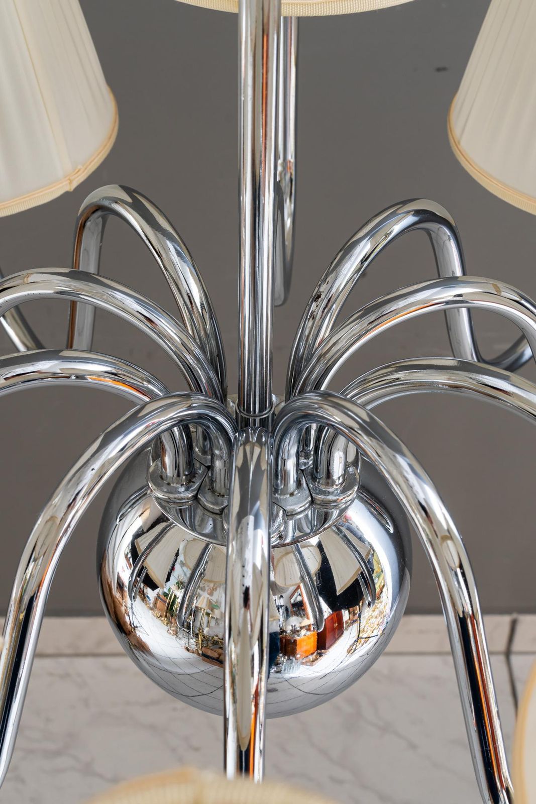 Big Art Deco Chrome Chandelier With Fabric Shades Around 1920 photo Lighting