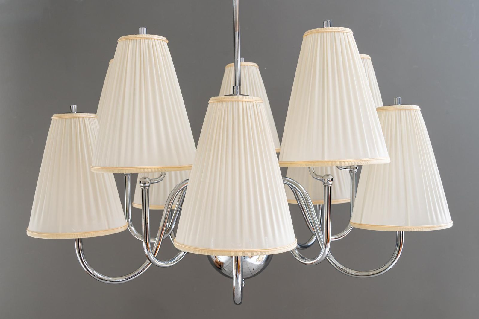 Big Art Deco Chrome Chandelier With Fabric Shades Around 1920 photo 2491.0