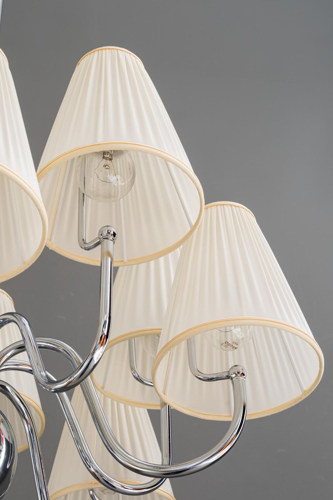 Big Art Deco Chrome Chandelier With Fabric Shades Around 1920 photo vintage