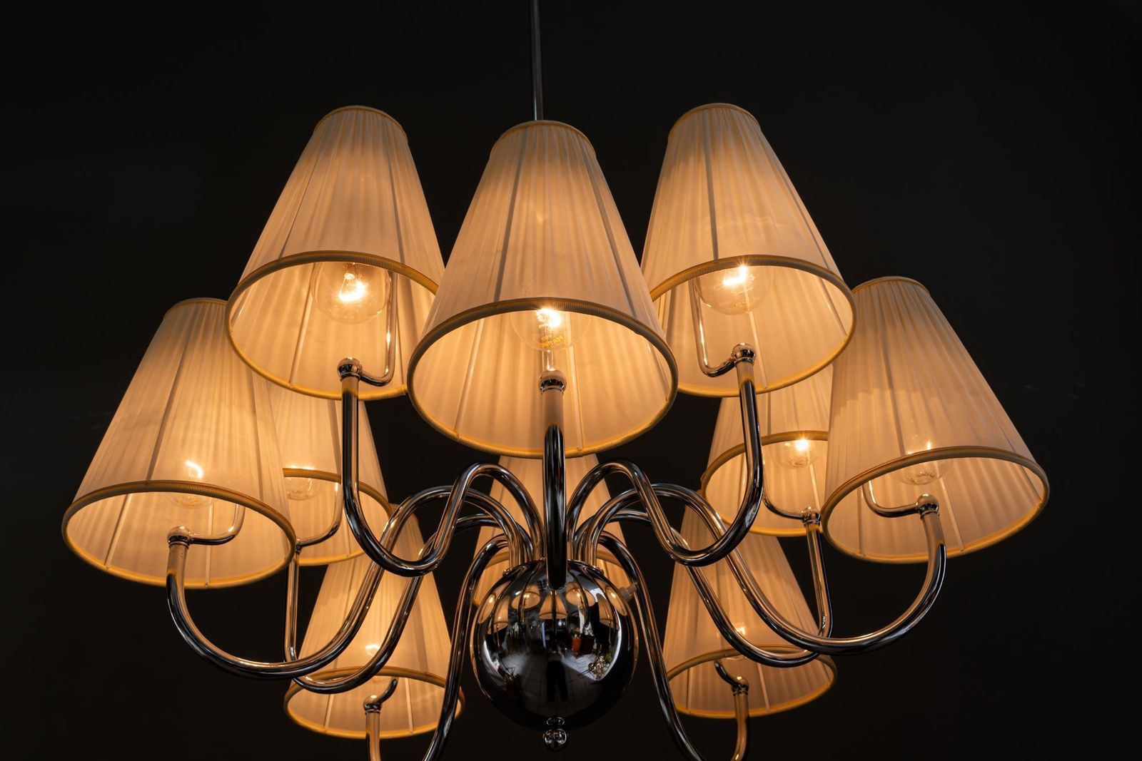 2491.0 Big Art Deco Chrome Chandelier With Fabric Shades Around 1920 photo