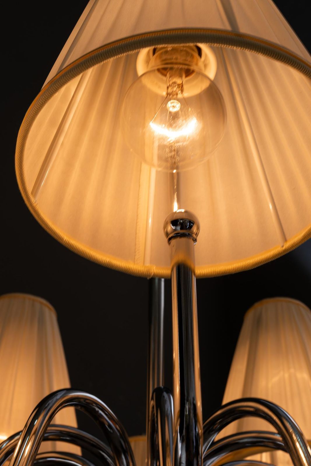 photo buy Big Art Deco Chrome Chandelier With Fabric Shades Around 1920
