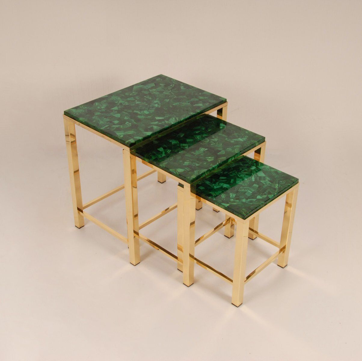 Mid Century Modern Nesting Tables In Malachite And Gold Gilt Brass, 1970s, Set Of 3 photo vinterior