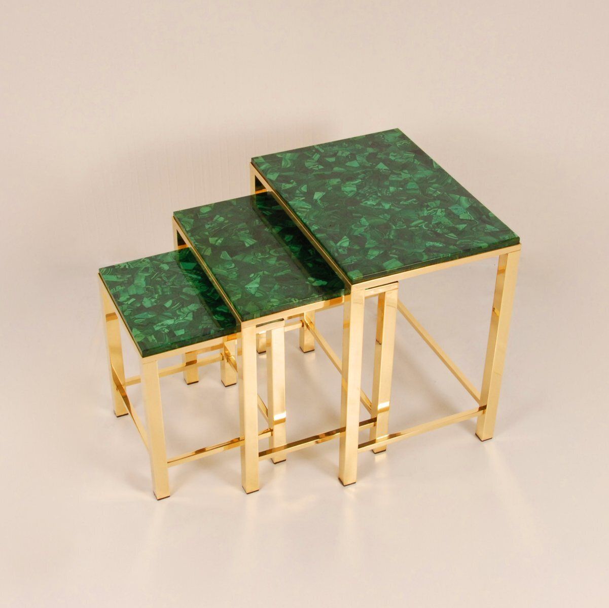 3909.0 Mid Century Modern Nesting Tables In Malachite And Gold Gilt Brass, 1970s, Set Of 3 photo