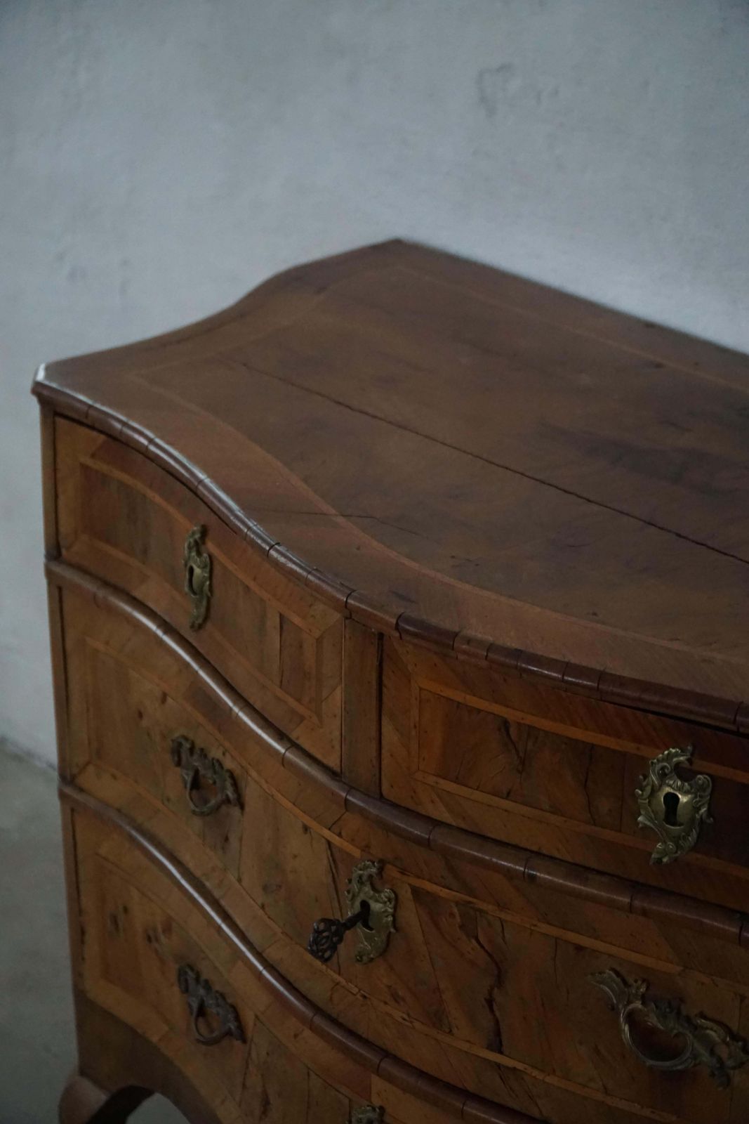 photo for sale 18th Century, Antique Serpentine Front Danish Baroque Walnut Chest Of Drawers