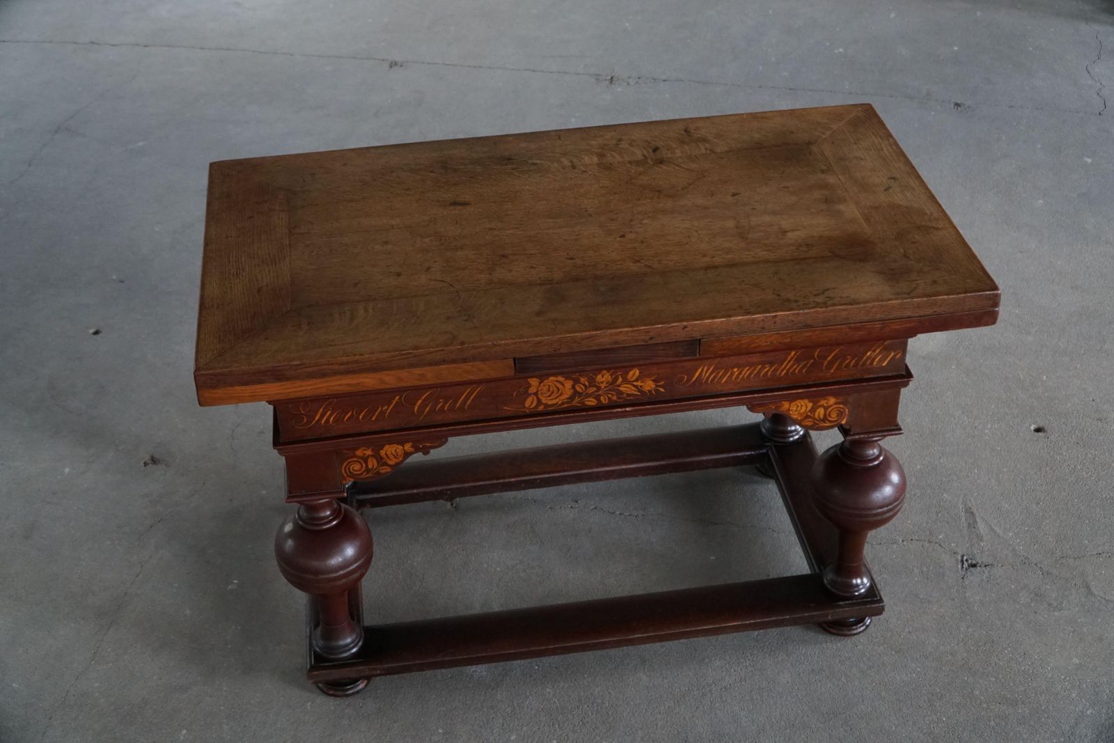 Extendable Oak Table With Intarsia, Baroque, Danish Cabinetmaker, 19th Century photo for sale