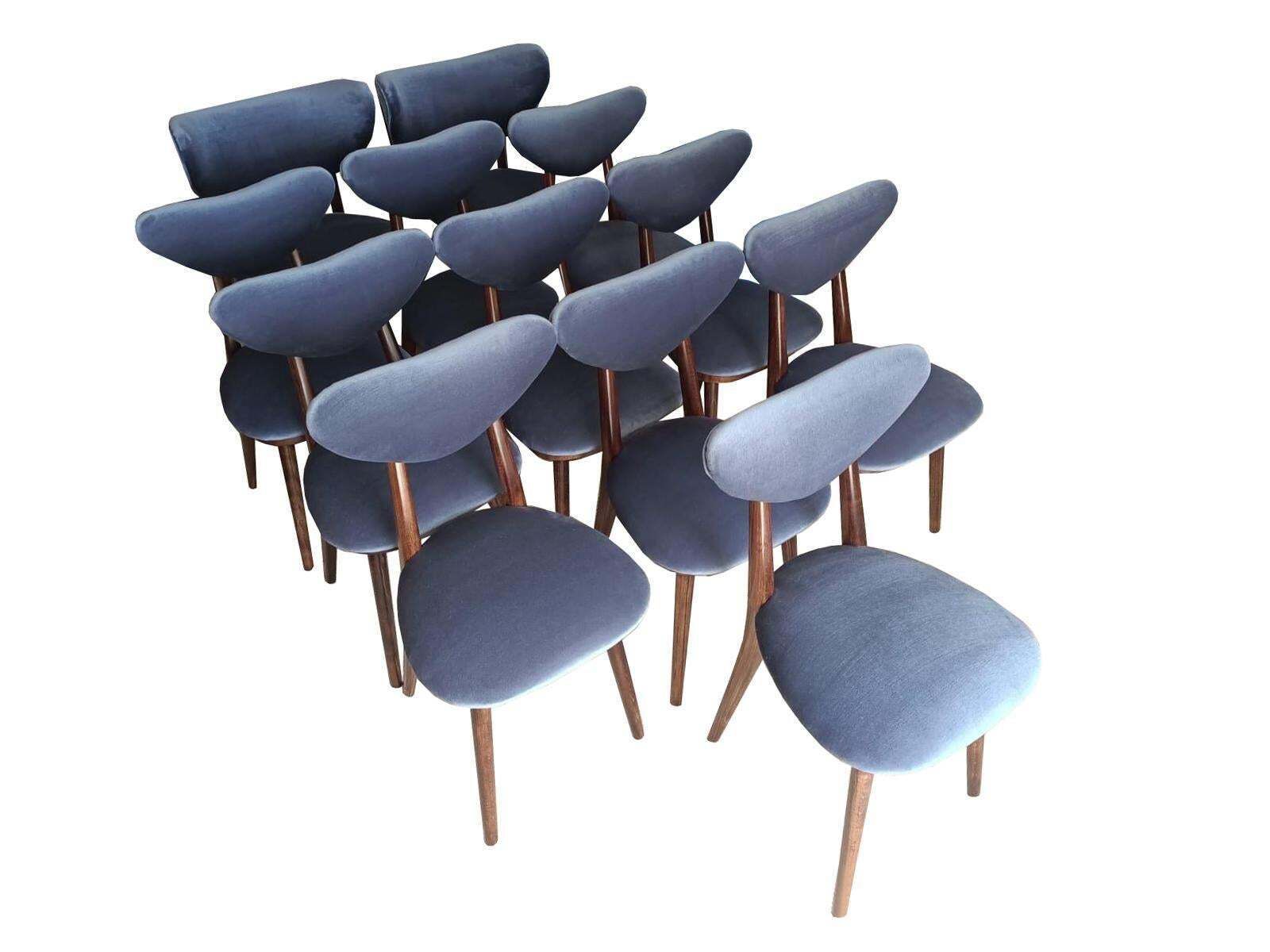 Set Of Ten Mid Century Blue Velvet, Walnut Wood, Heart Chairs, Poland, 1960s  1 photo vintage