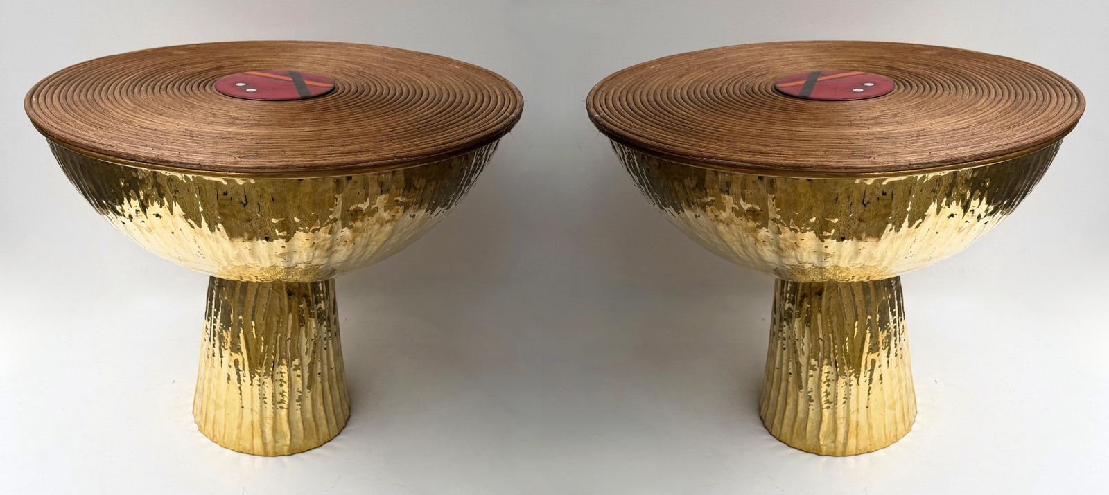 photo vinterior Contemporary Pair Of Hammered Brass Rattan Enamel Metal Side Tables, Italy