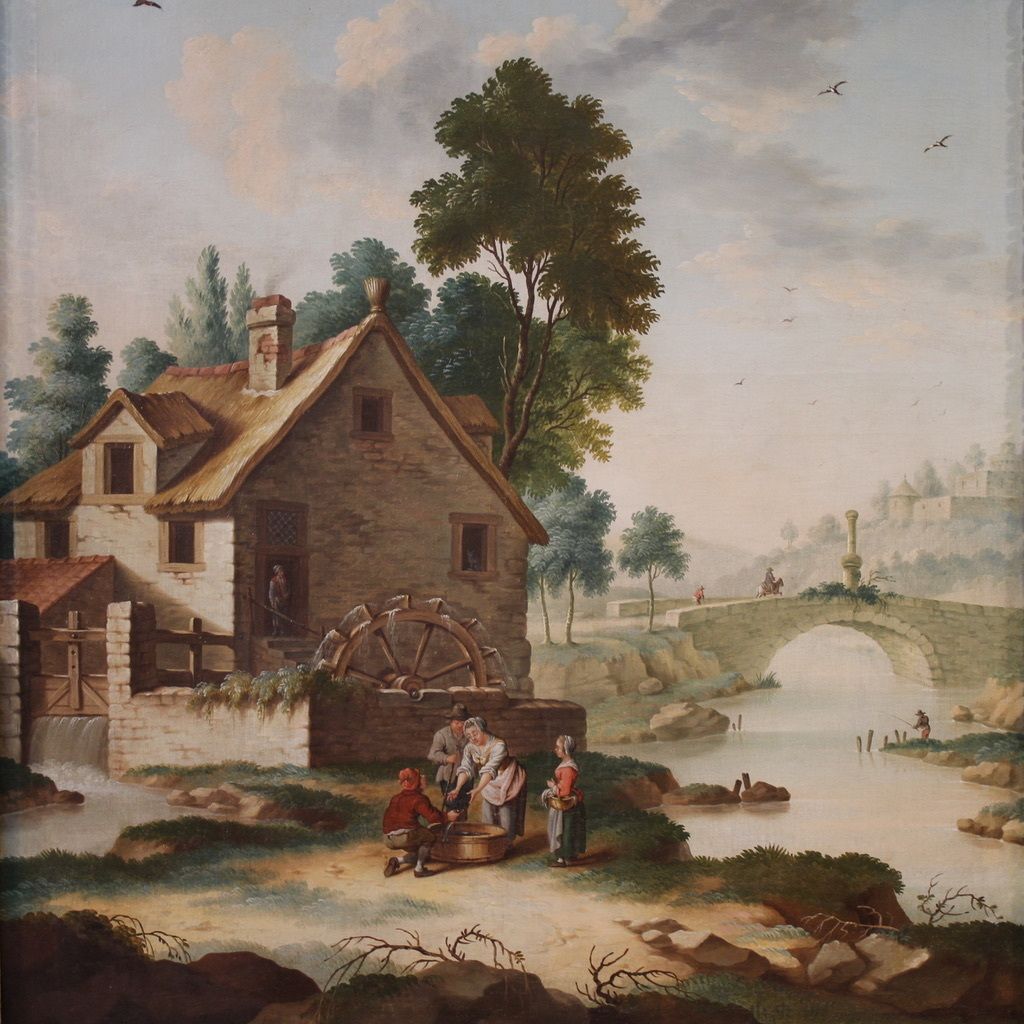 Great 18th Century Italian Painting, Countryside Landscape With Genre Scene photo furniture