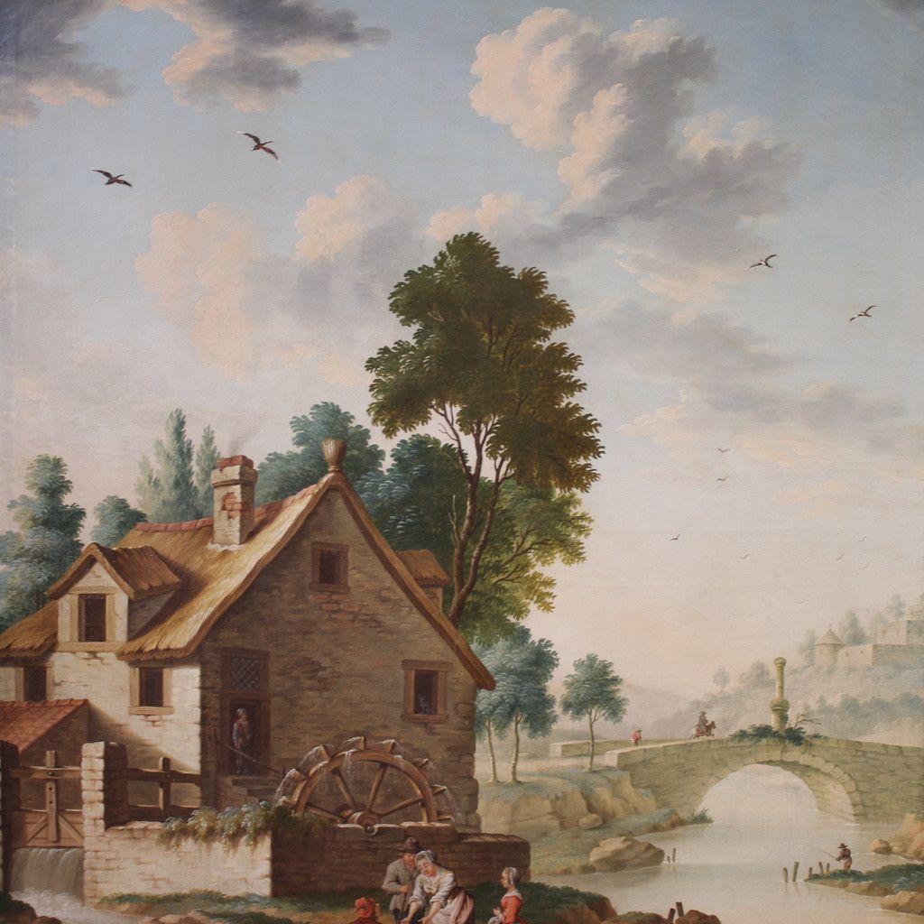 Great 18th Century Italian Painting, Countryside Landscape With Genre Scene photo vinterior