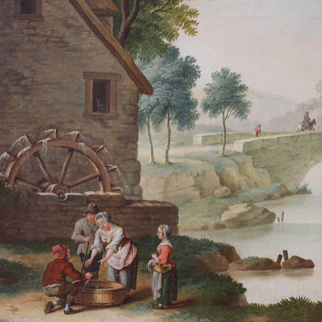 photo buy Great 18th Century Italian Painting, Countryside Landscape With Genre Scene