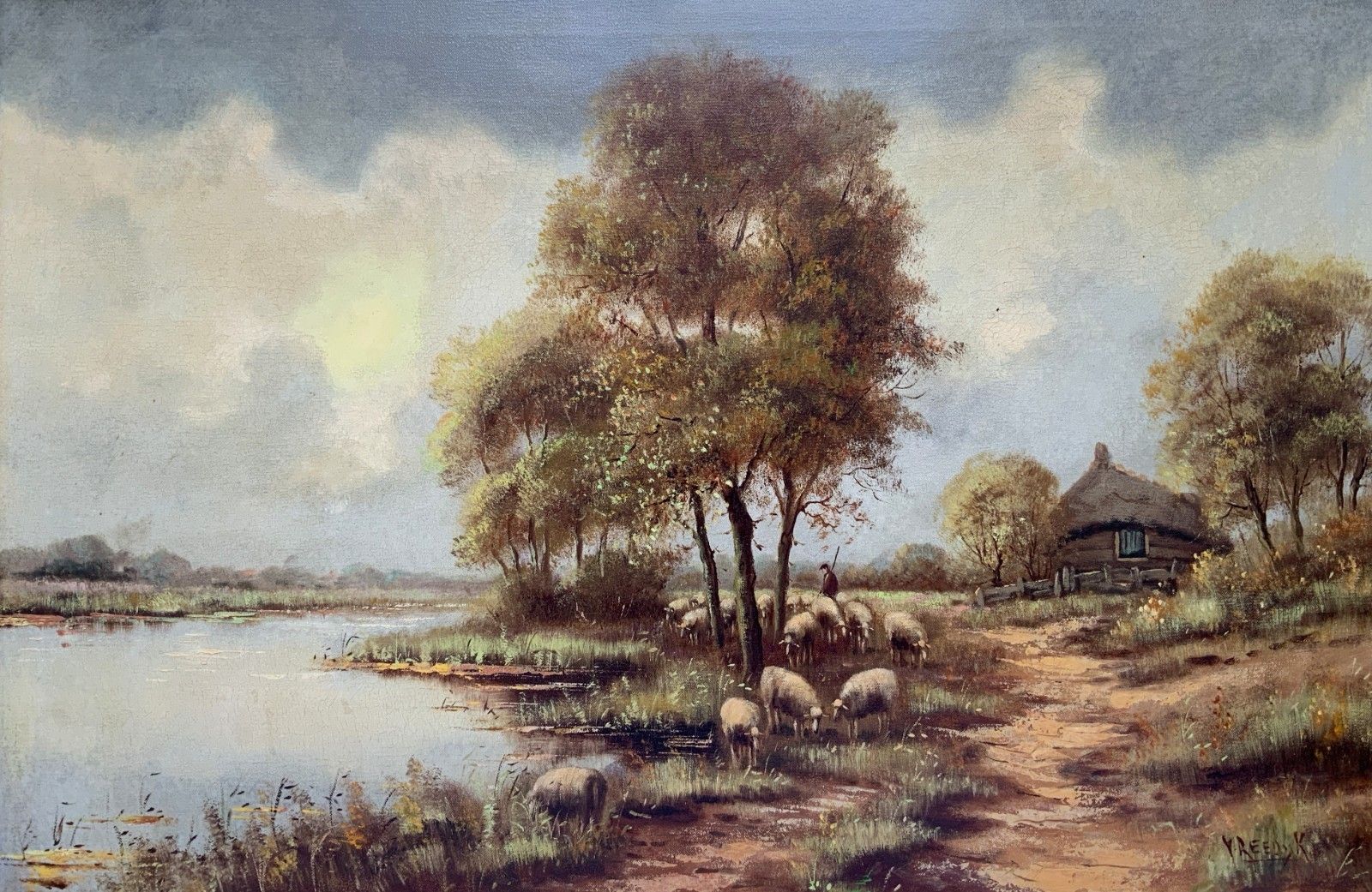 Large British School Vintage Mid Century Autumn Farming Landscape Oil Painting photo furniture