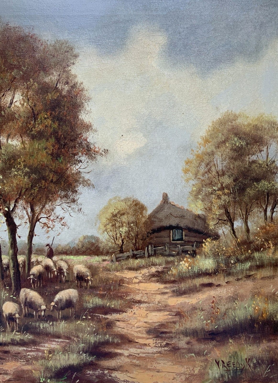 Large British School Vintage Mid Century Autumn Farming Landscape Oil Painting photo Art