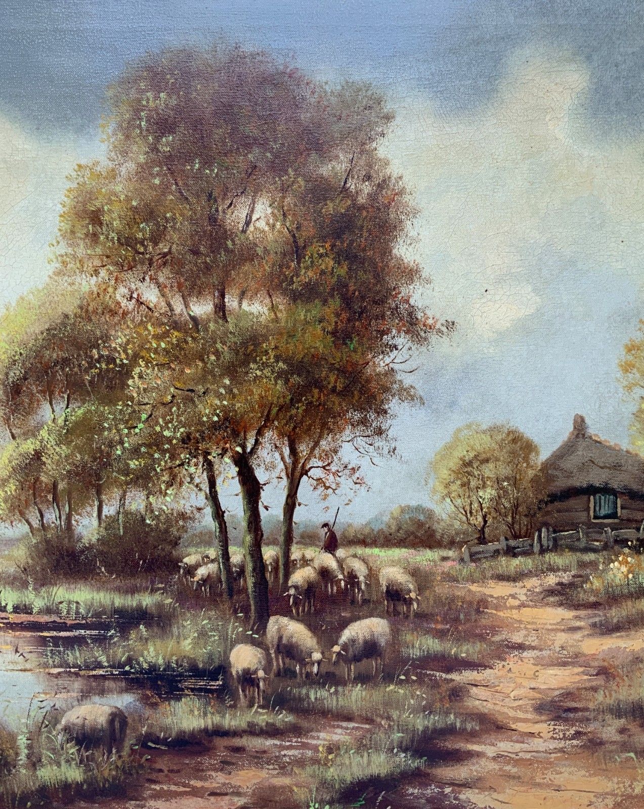 Large British School Vintage Mid Century Autumn Farming Landscape Oil Painting photo 479.0