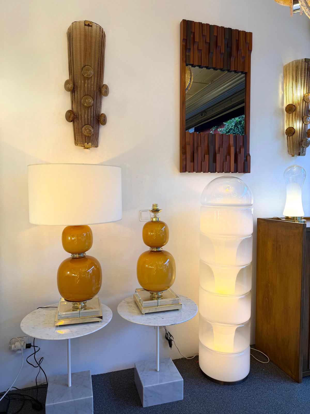 Contemporary Pair Of Brass And Orange Murano Glass Bulbs Lamps, Italy photo furniture