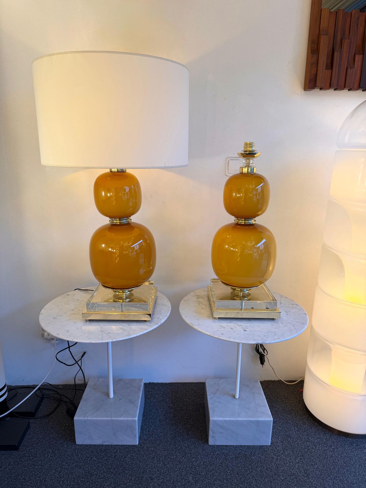 Contemporary Pair Of Brass And Orange Murano Glass Bulbs Lamps, Italy photo vinterior
