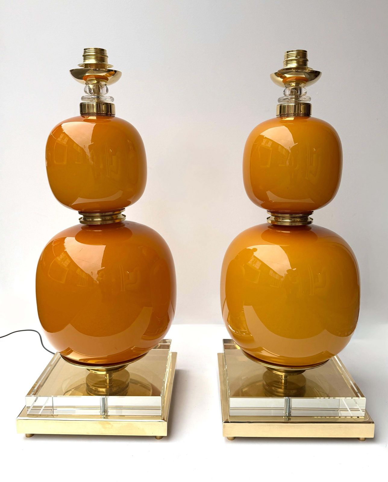 4447.0 Contemporary Pair Of Brass And Orange Murano Glass Bulbs Lamps, Italy photo