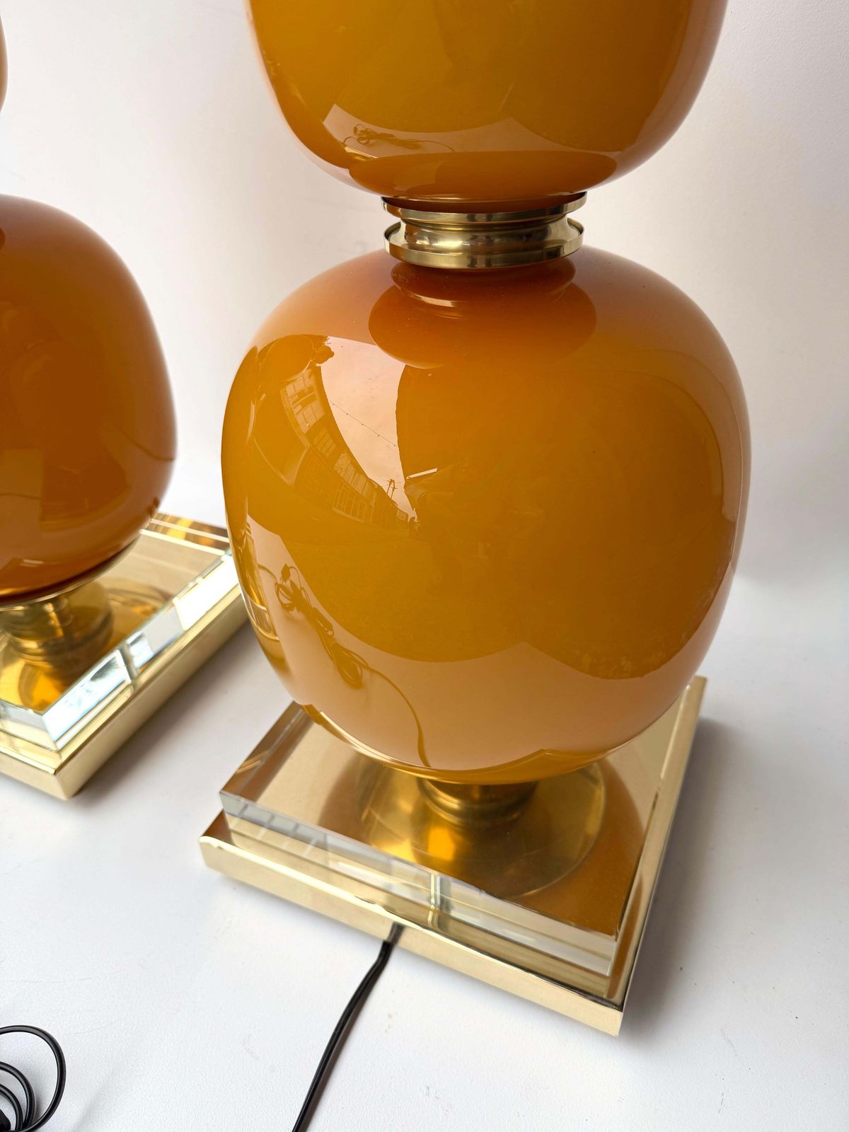 photo buy Contemporary Pair Of Brass And Orange Murano Glass Bulbs Lamps, Italy