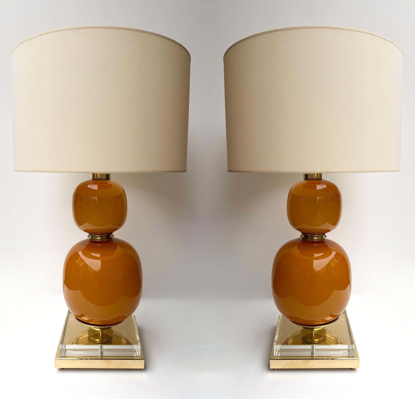 photo vintage Contemporary Pair Of Brass And Orange Murano Glass Bulbs Lamps, Italy